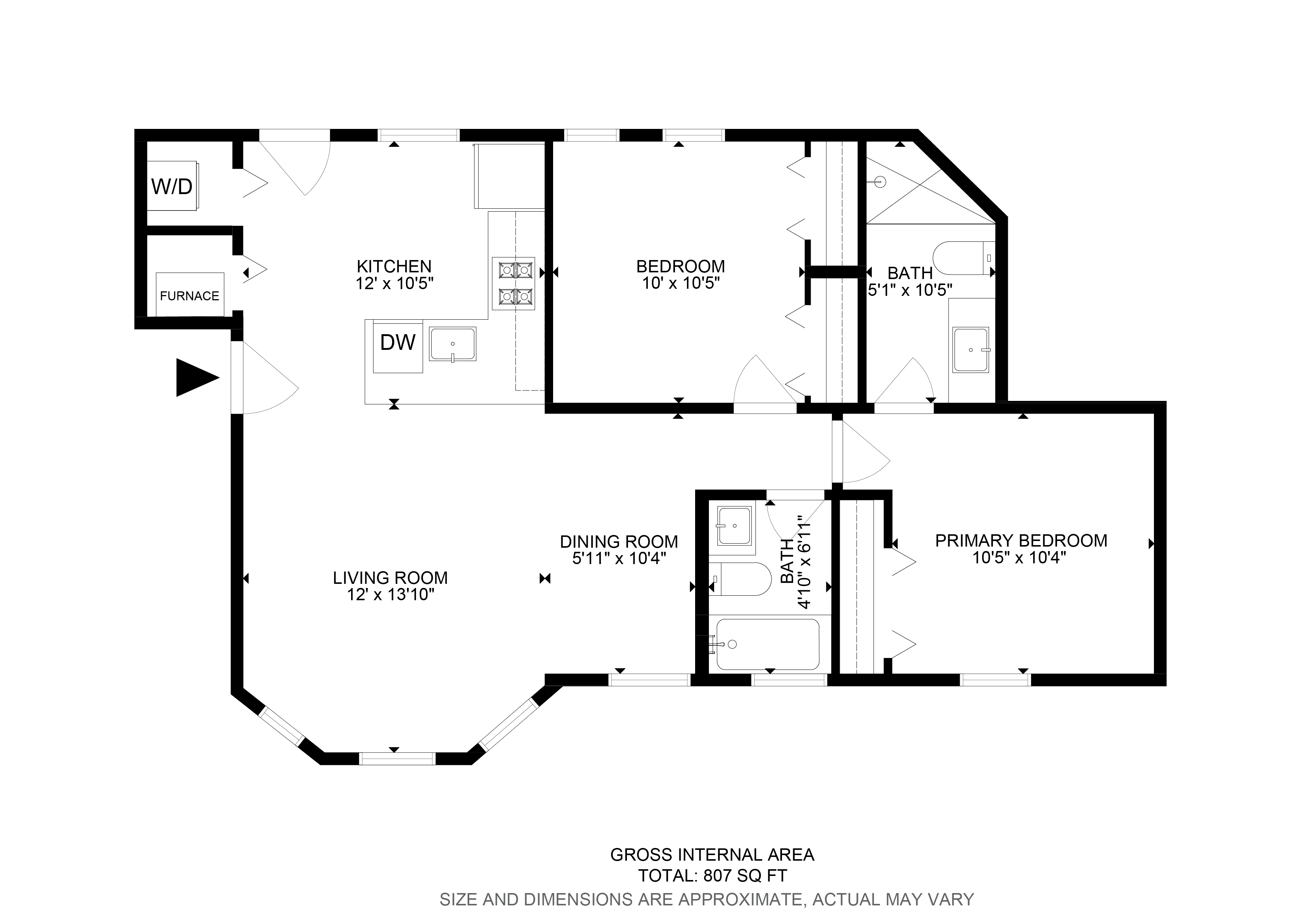 Floor plan for 2 beds, 2 baths, 807 sqft